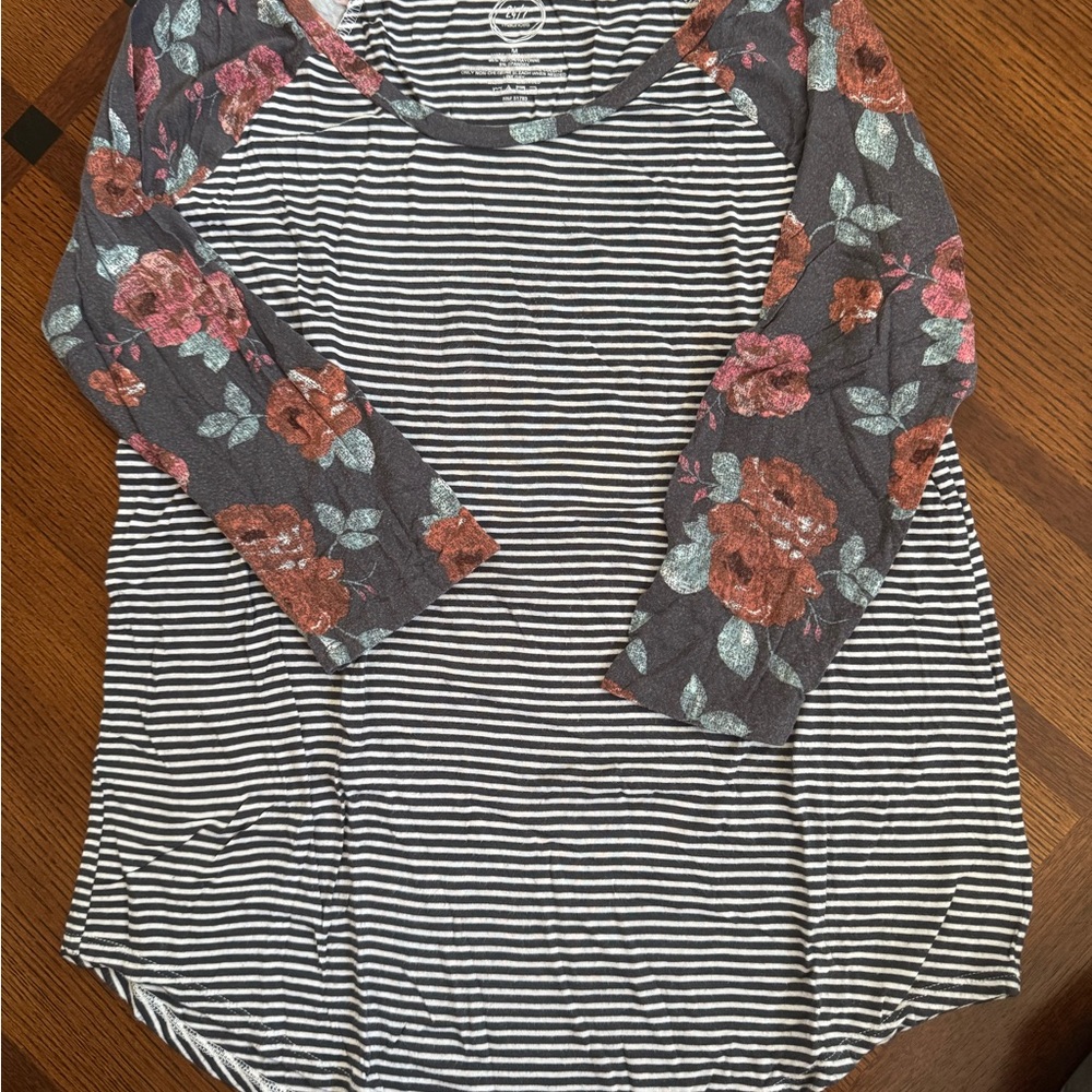 Maurices Striped Floral Raglan Top - Black, Gray, Red